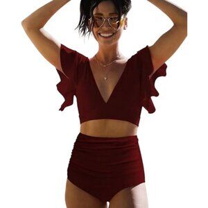 Sporlike Women's Swimsuit Ruffle High Waist Solid Red V-Neck Two Piece Small NEW